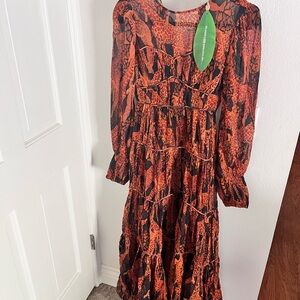 FARM Rio Vibrant Orange and Black Long Sleeve Dress